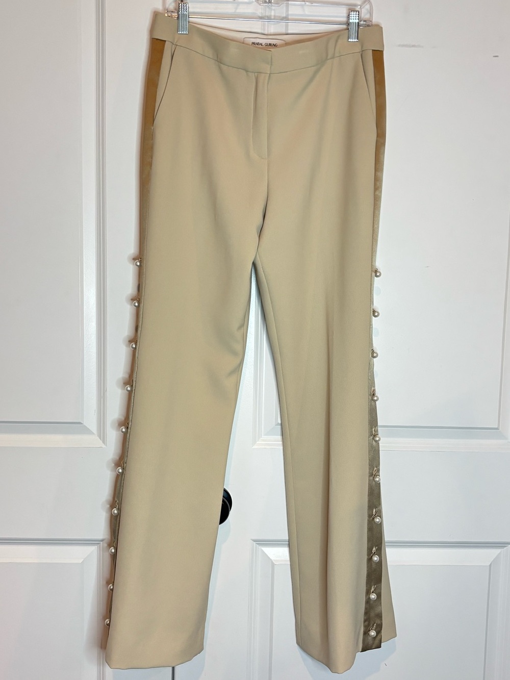 Prabal Gurung Champagne Cream Pearl Trim Tuxedo Stripe Trouser Pants 6
